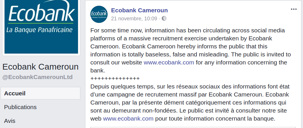 Dementi Des Informations Faisant Etat D Une Campagne De Recrutement Massif A Ecobank Cameroun S A La Banque Panafricaine