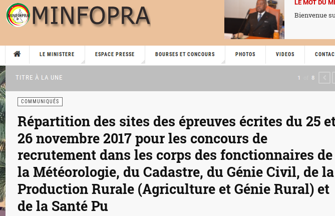 Concours recrutement MINFOPRA des 25 et 26 novembre 2017 :  Répartition des sites des épreuves écrites