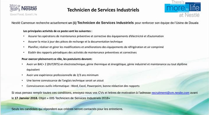 Avis de recrutement : Technicien de Services Industriels 