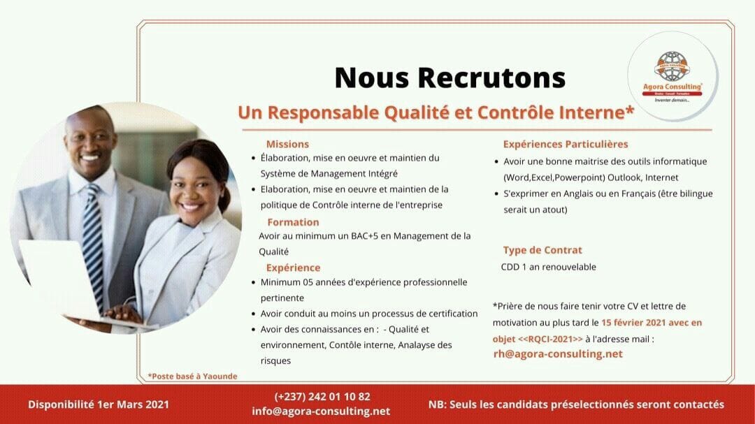 Avis de recrutement  Responsable qualité et Contrôle interne à Cabinet